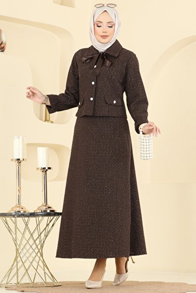 ModaMerve Yakası Bağcıklı Tüvit Takım 2759SL432-MS Kahve