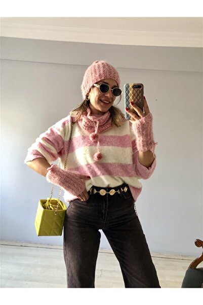 Gözde Tasarım Butik Women's Handmade Knitted Pompon Beret Neck Collar and Fingerless Gloves Set