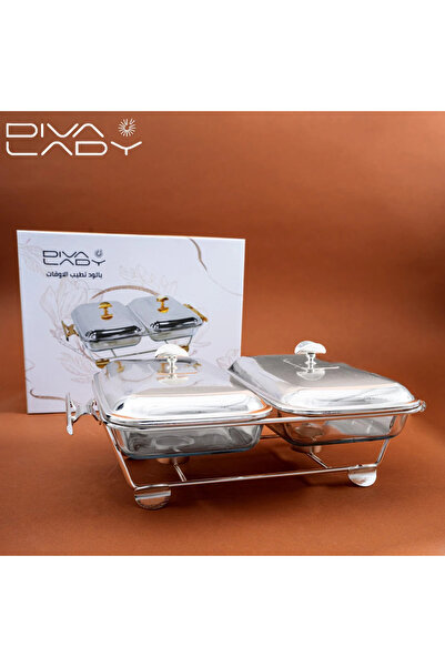DIVA LADY Luxury double square stainless steel and gold patterned food warmer with 2 candle holders