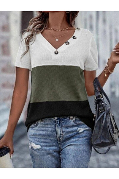 GENCULUS Women's Short Sleeve V Neck Button Waffle Blouse