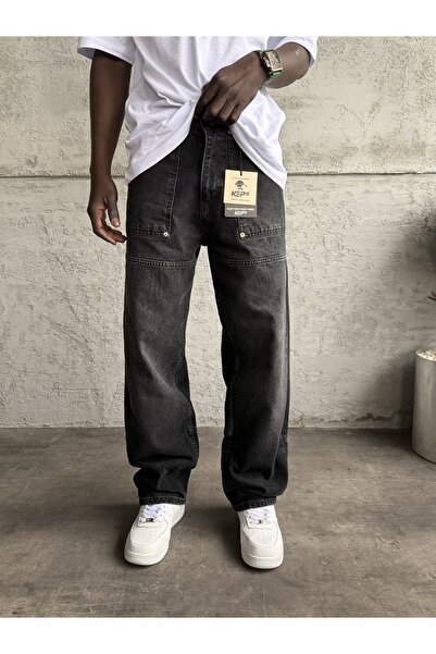 KağanKY Blugi largi Relax cu cusături detaliate și finisaj afumat