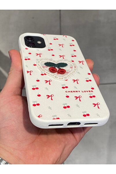 Mee.co iPhone 11 Compatible Embroidered Cherry Pattern Case Cherry Figured Knitted Phone Case