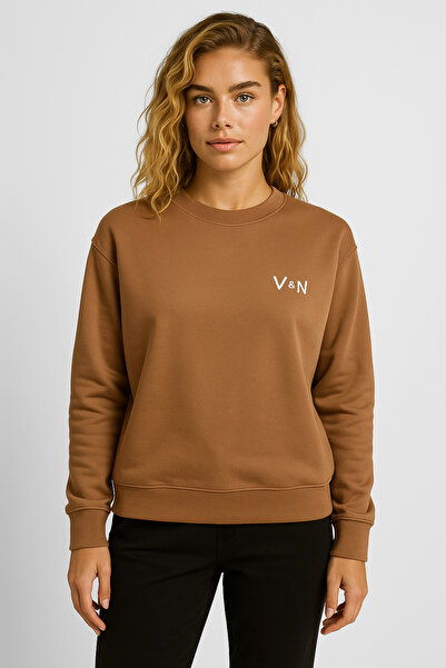 VENA Women's Good Wibes Printed Sweatshirt 100% Cotton - Brown