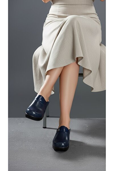 Sabo Medikal Navy Blue Perforated Wedge Heeled Women's Sabo Orthopedic Nurse Doctor Cook Daily Slippers