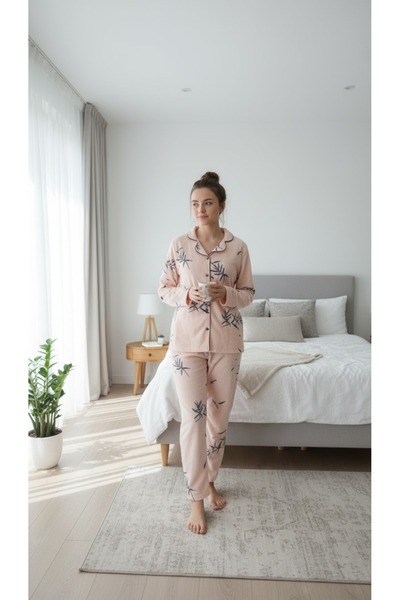 gigigiyim Yaprak Printed Front Buttoned Women's Fleece Pajama Set