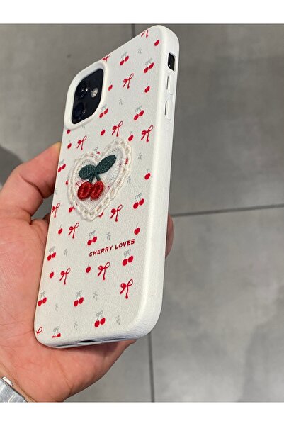 Mee.co iPhone 11 Compatible Embroidered Cherry Pattern Case Cherry Figured Knitted Phone Case
