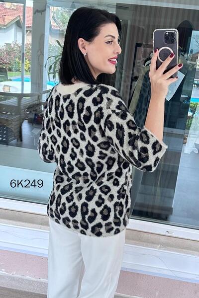 İnce Topuk Leopard Patterned Bearded Knitwear Blouse 6K249
