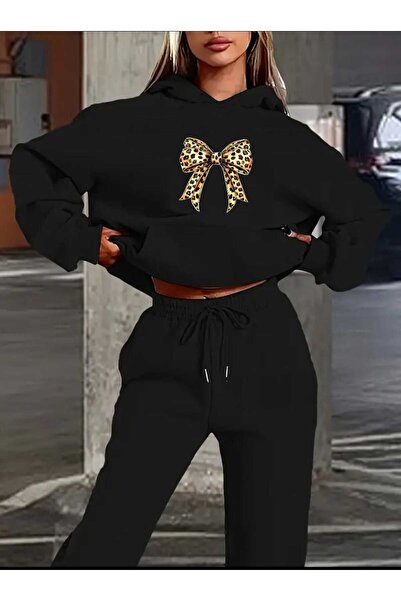 tkn your style Leopard Ribbon Bottom Top Set Fashion Print Design Trend Hooded Sweatshirt