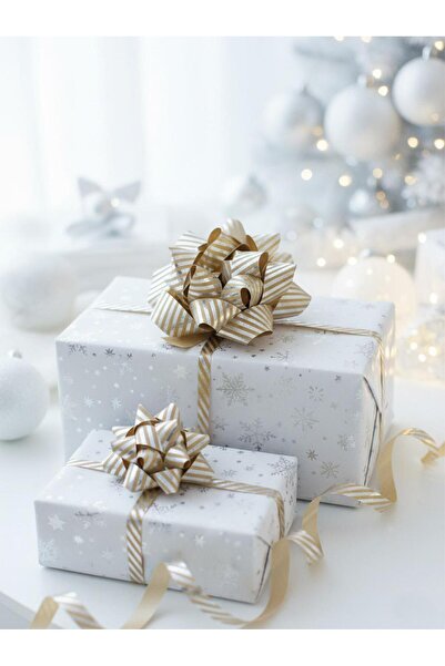 Parti Adresi Hediye Paketleme Seti Kağıt Fiyonk ve Kurdele Kraft- Gümü Çizgil...