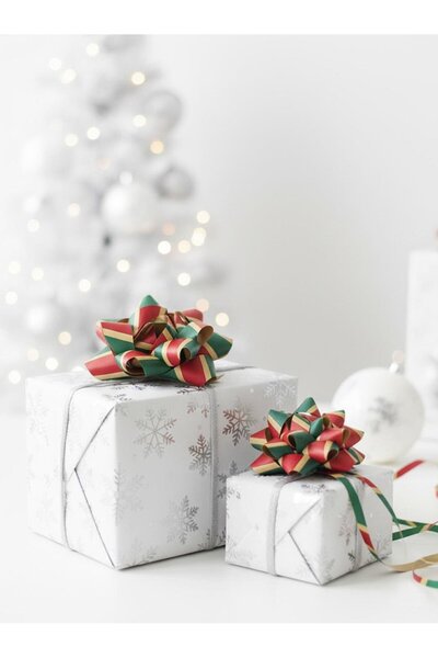 Parti Adresi Hediye Paketleme Seti Kağıt Fiyonk ve Kurdele Kırmızı-Yeşil Çizg...