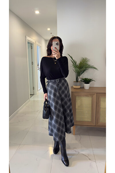 BİRCANÇİL Mosa Black Plaid Skirt with Belt Detail