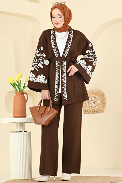 ModaMerve Kolları Nakış İşlemeli Takım 512MT581-MS Kahve