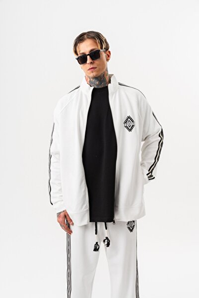 Respire Ανδρικό φούτερ με λεπτομέρεια ρίγες, όρθιο γιακά, διπλό φερμουάρ, oversize, εκρού