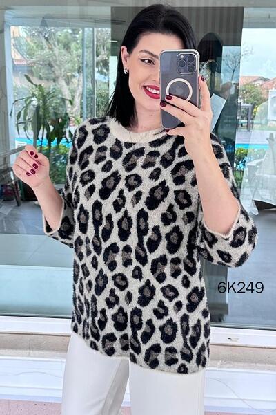 İnce Topuk Leopard Patterned Bearded Knitwear Blouse 6K249