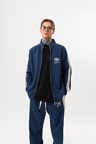 Respire Men's Ffb Striped Detail Mock Neck Doubleface Zip Oversized Sweatshirt Navy Blue