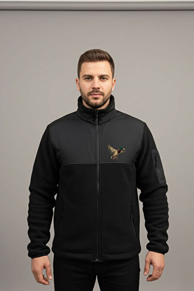 WİDİ Hunting Mallard Duck Printed Mock Neck Paneled Black Softshell Fleece Jacket