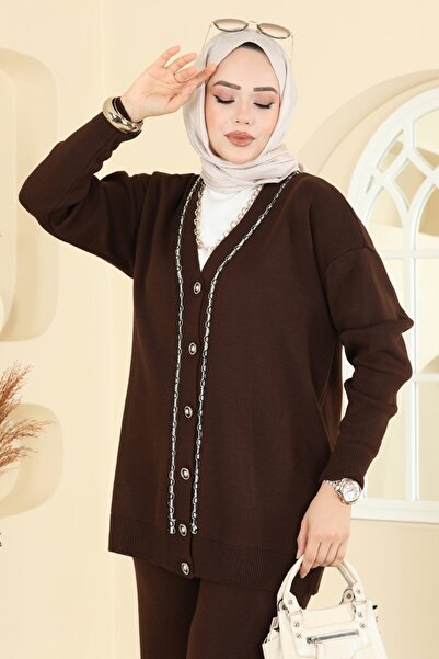 ModaMerve Önden Düğmeli Hırkalı Takım 25302BRZ597-MS Kahve