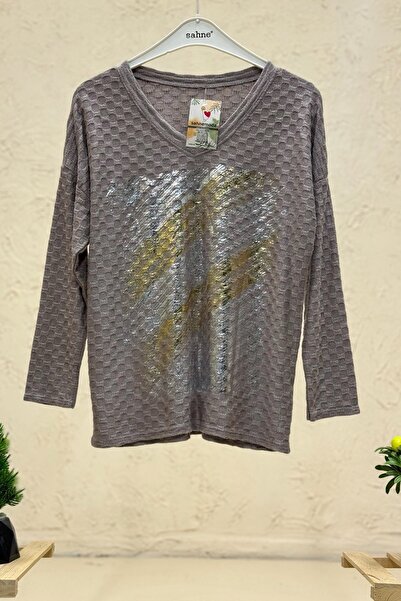 sahnemoda Bluză din catifea importată cu decolteu în V cu model Wave