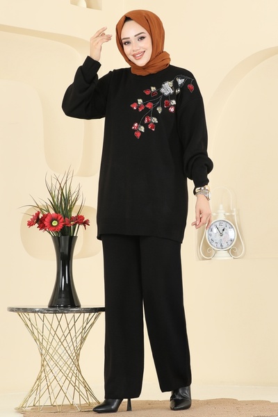 ModaMerve Pul İşlemeli Triko Takım 1101MT581-MS Siyah