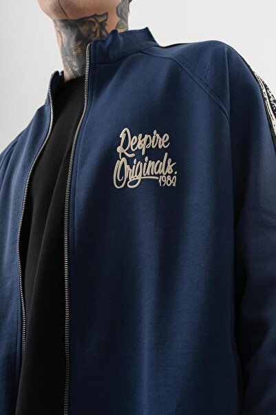 Respire Men's Splash Striped Detail Mock Neck Doubleface Zip Oversized Sweatshirt Navy Blue