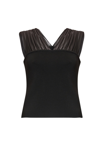 Exquise Pleated Tulle Detailed Sleeveless Knit Blouse
