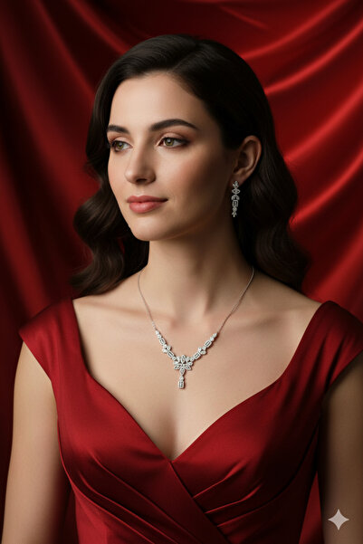 Luceven Kadın 925 Ayar Gümüş 3'lü Rodyumlu İthal Kolye, Bileklik, Küpe Düğün ...