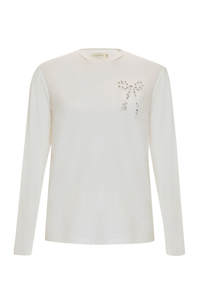 Exquise Crew Neck Long Sleeve Embroidered Woven Blouse