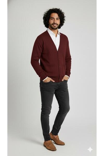 Kuraff Giyim Men's Casual Thin Wool Knitwear V-Neck Buttoned Cardigan