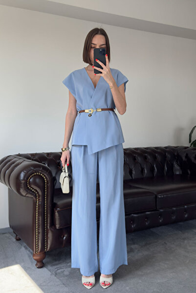 MAGARDE Set vestă premium cu centură în talie din modal - ALBASTRU