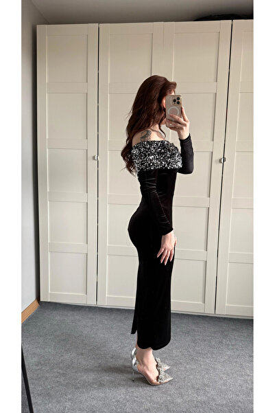 Marbella Women's Sequined Madonna Collar Velvet Stylish Evening New Year's Dress