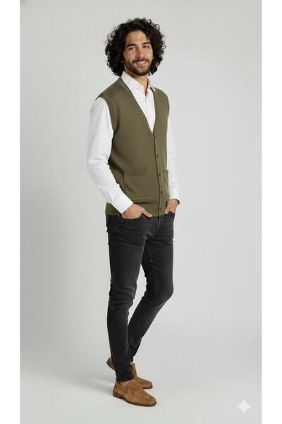 Kuraff Giyim Men's Daily Thin Wool Knitting V-Neck Buttoned Vest