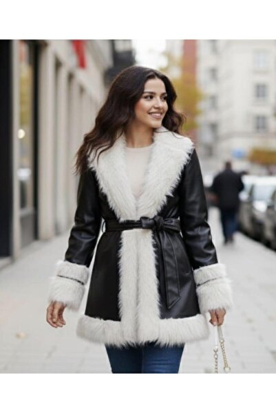 Hb Harma Time Butik Γυναικείο δερμάτινο μαύρο μπουφάν με φτερωτή ζώνη και επένδυση