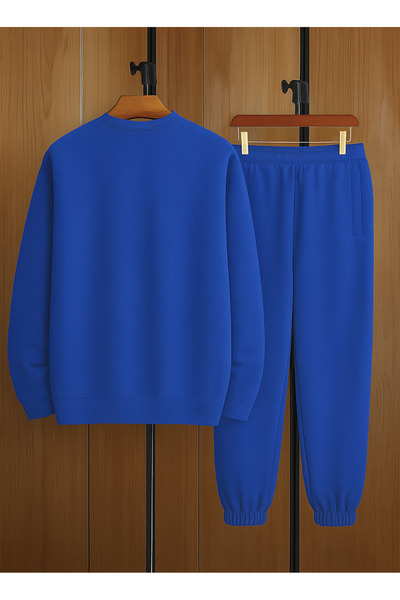 CLAYES Wings Tracksuit Set Sweatshirt Jogger - Cobalt Blue Printed Oversized Fleece-Lined Crew Neck