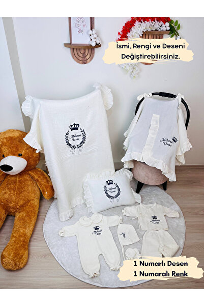KARSU TASARIM İsme Özel Nakış İşlemeli %100 Pamuk Müslin Hastane Çıkış Seti T...
