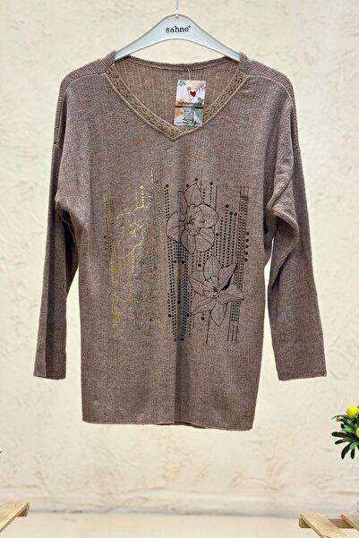 sahnemoda Floral pattern gilded v-neck velvet imported blouse