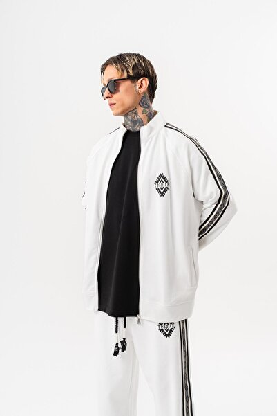 Respire Ανδρικό φούτερ με λεπτομέρεια ρίγες, όρθιο γιακά, διπλό φερμουάρ, oversize, εκρού