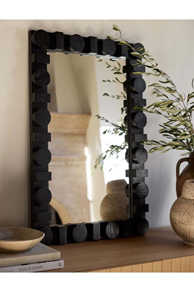 Muummirror 90x60 cm Doğal Ahşap Duvar Aynası - Siyah