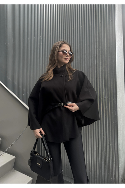 asfamoda Women's Black Belted Mock Neck Button Cashmere Cape Poncho