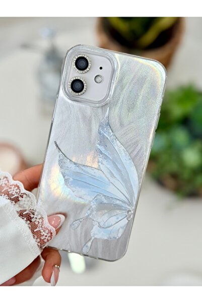 Go Aksesuar iPhone 12 and 12 Pro Compatible Color Changing Shine Platinum Butterfly Design Case