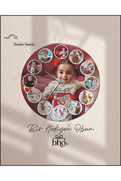 BİRHEDİYENOLSUN Kişiye Özel Resimli Duvar Saati ( Yuvarlak 13 Resimli 30x30 cm )