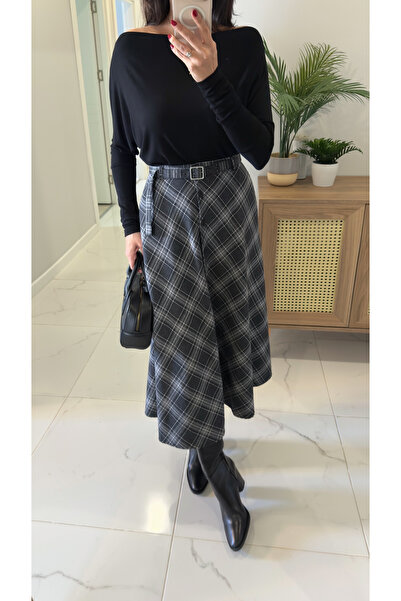 BİRCANÇİL Mosa Black Plaid Skirt with Belt Detail