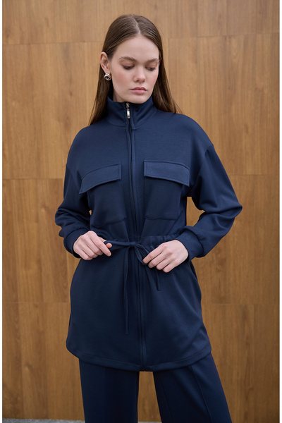 Birgül Bektaş Navy Blue Waist Tie Detailed Sweatshirt