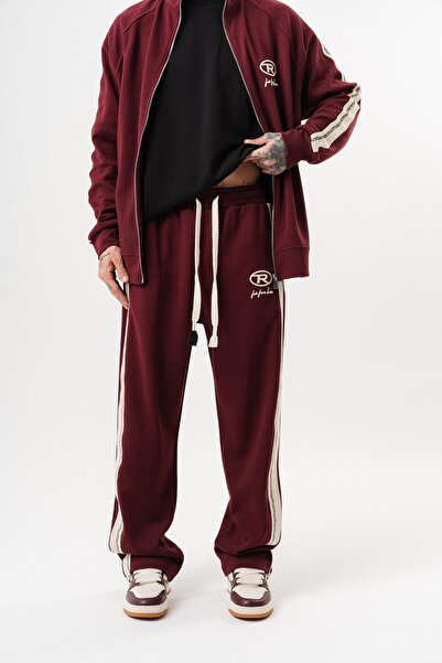 Respire Men's Ffb Striped Detail Winter Doubleface Baggy Sweatpants Burgundy