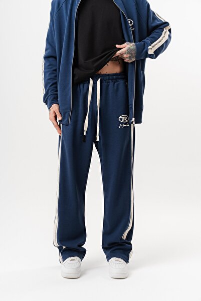 Respire Men's Ffb Striped Detail Winter Doubleface Baggy Sweatpants Navy Blue