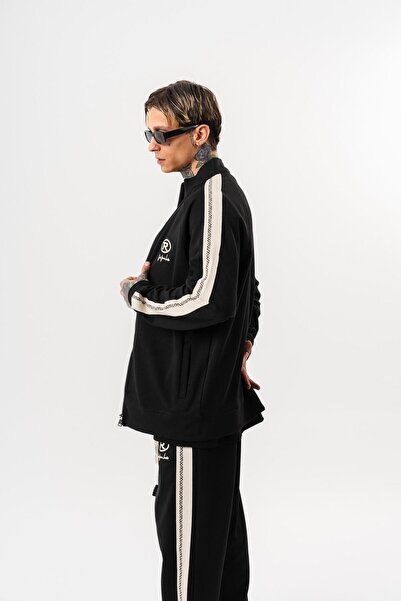 Respire Men's Ffb Striped Detail Mock Neck Doubleface Zip Oversized Sweatshirt Black