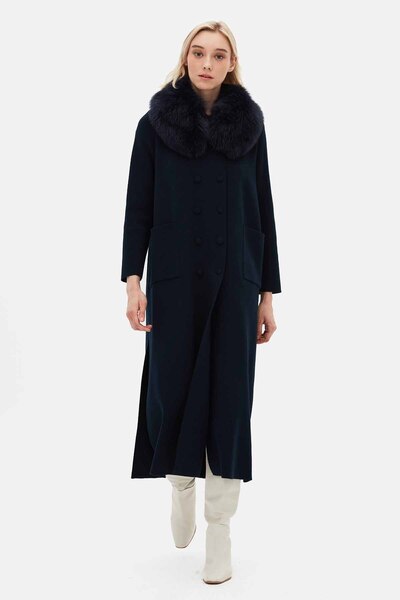 MISS DALIDA Yakası Kürklü Uzun Kruvaze Siyah Triko Ceket