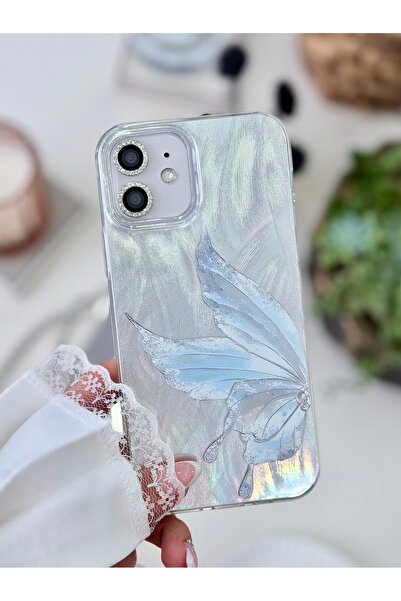Go Aksesuar iPhone 12 and 12 Pro Compatible Color Changing Shine Platinum Butterfly Design Case