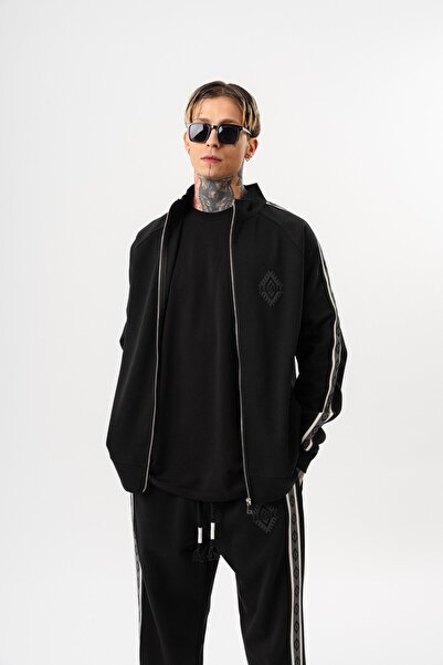 Respire Ανδρικό φούτερ με λεπτομέρεια ρίγες, όρθιο γιακά, διπλό φερμουάρ, oversize, μαύρο