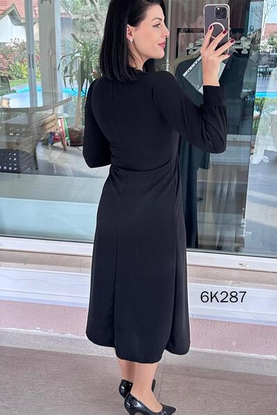 İnce Topuk Button Detail Stretch Fabric Scuba Crepe Dress 6K287