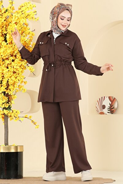 ModaMerve Gömlek Yaka Krep Takım 24005UKB139-MS Kahve